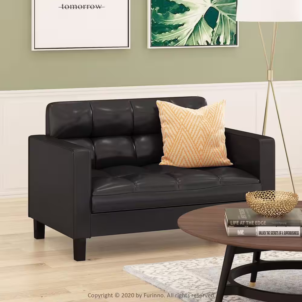 Furinno Brive 54.1 in. Black Tufted Faux Leather 2-Seater Loveseat with Square Arms