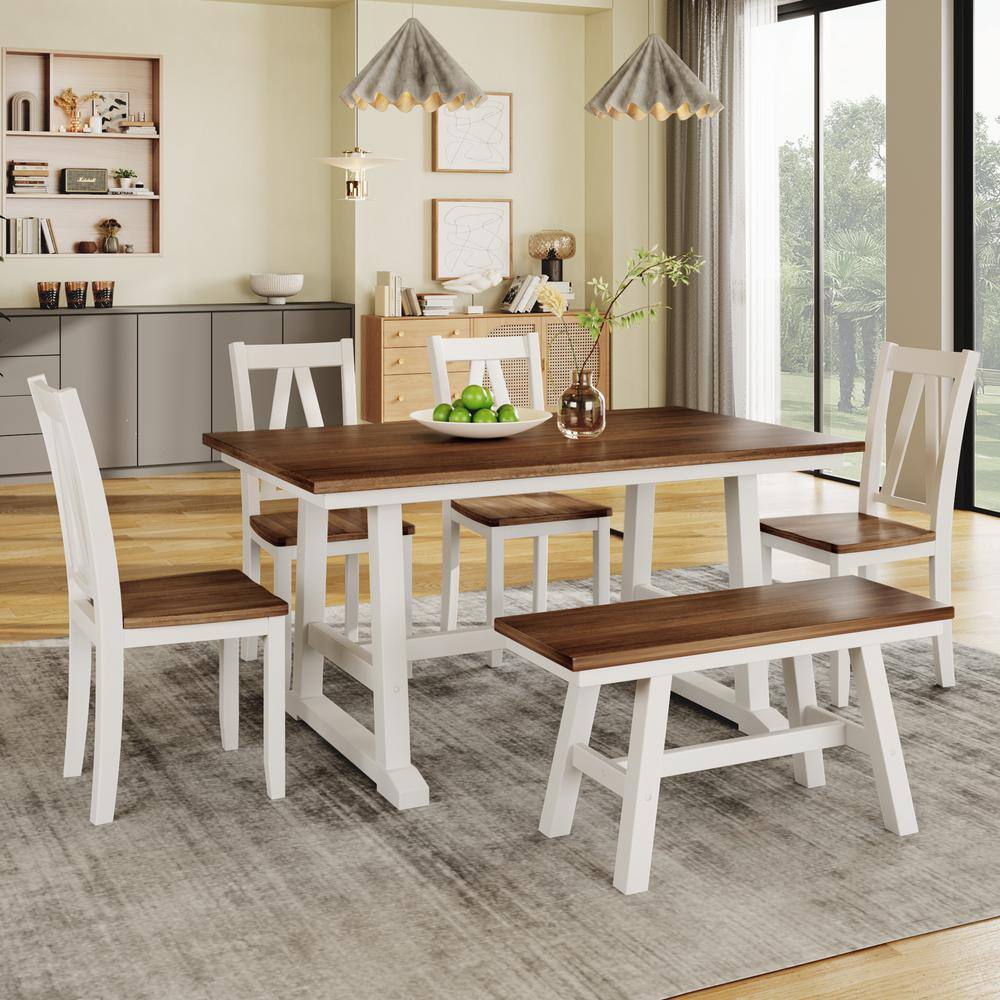 Harper & Bright Designs Farmhouse 6-piece Walnut and White Rectangle MDF Top Dining Table Set Seats 6