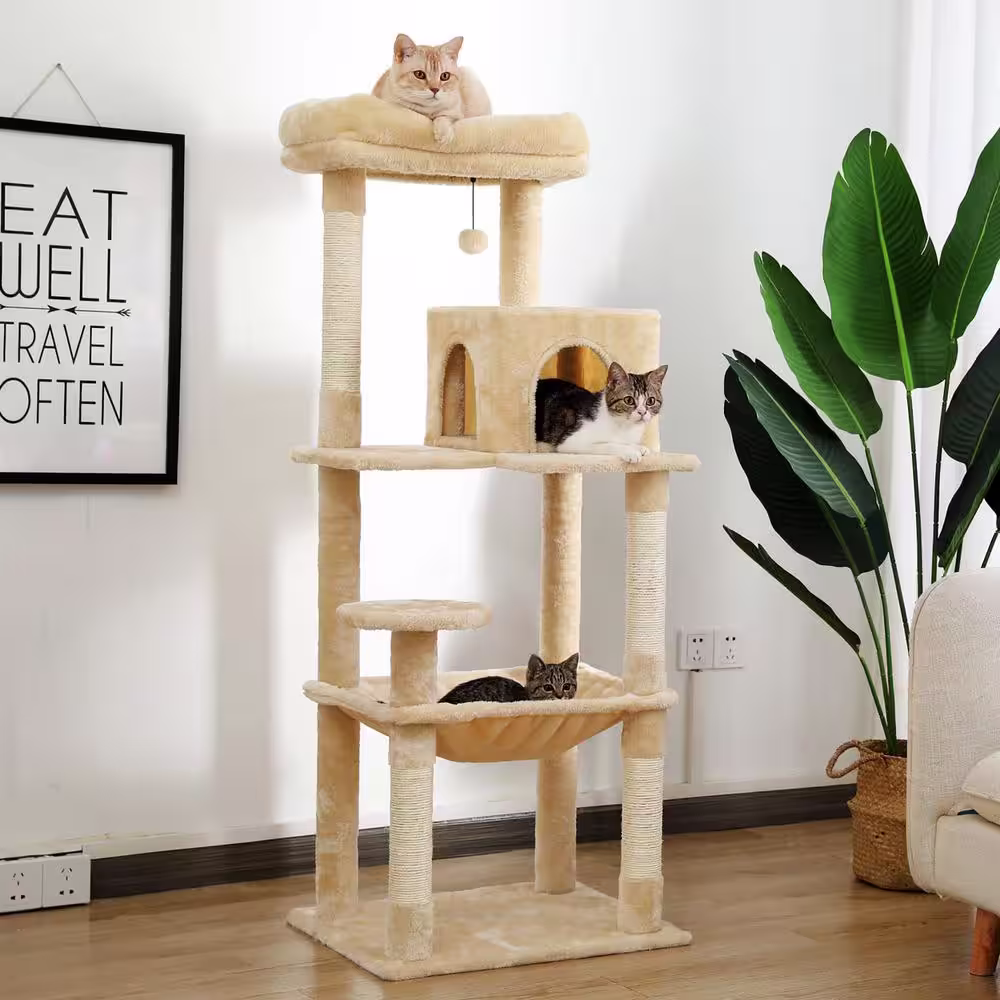 Foobrues Beige Plush Sisal Scratcher Cat Tree Cat House