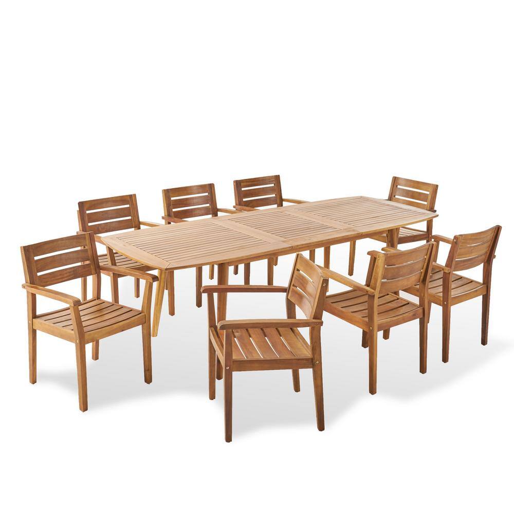 Noble House Stamford 30 in. Teak Brown 9-Piece Wood Rectangular Outdoor Dining Set