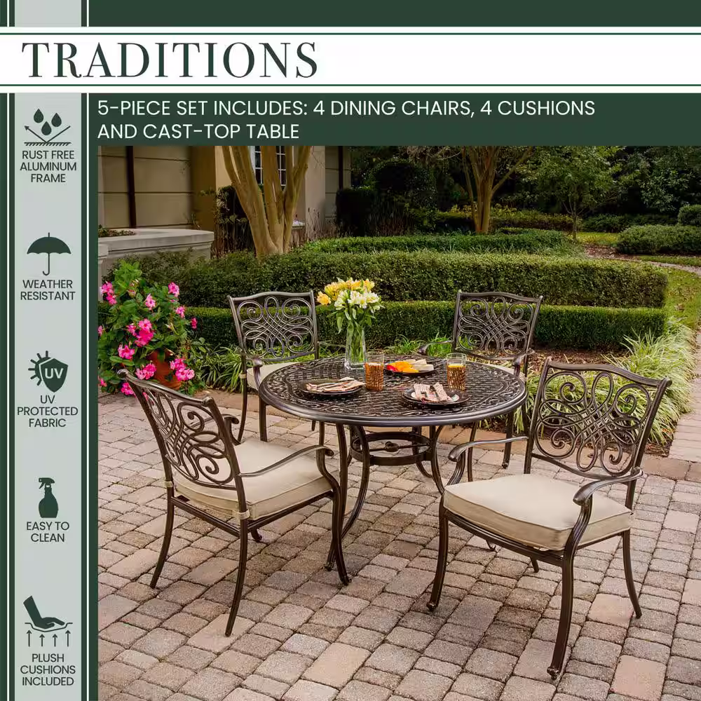 Hanover Traditions 5-Piece Patio Outdoor Dining Set with 4-Cast Aluminum Dining Chairs and 48 in. Round Table