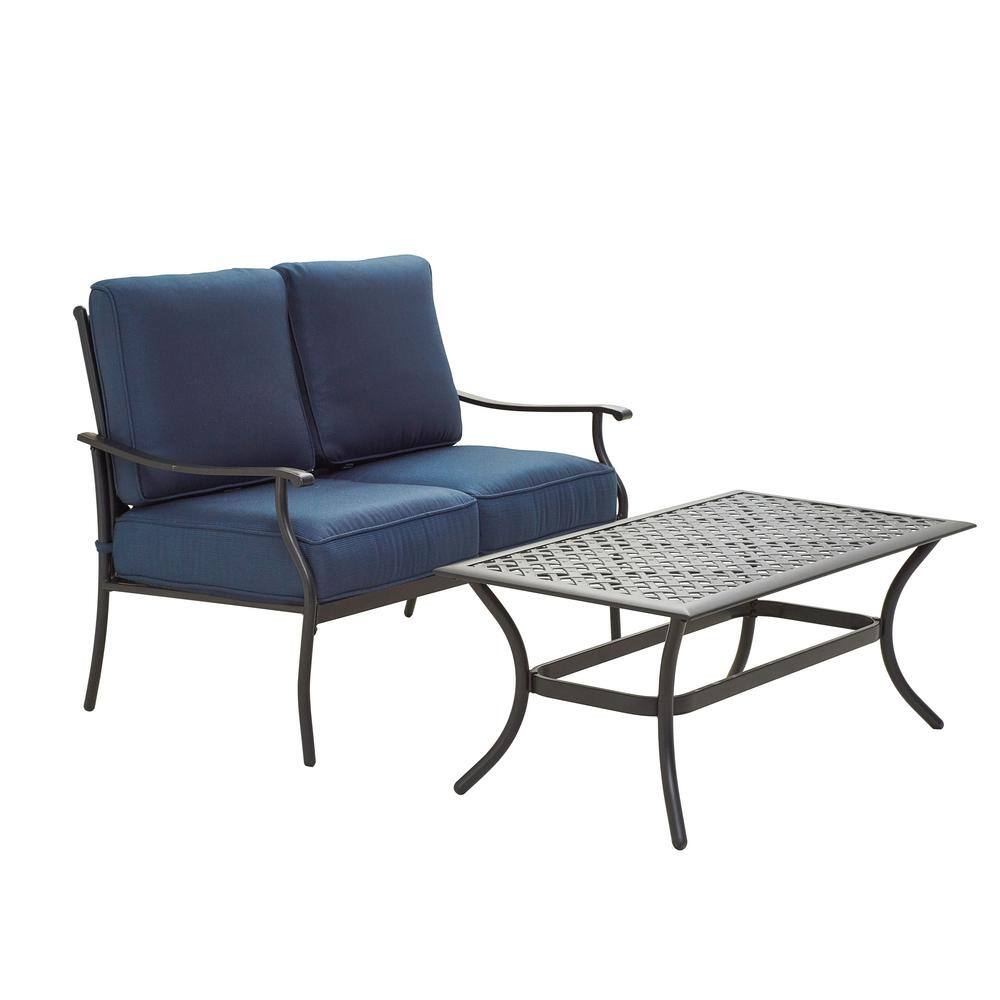 Patio Festival 4-Piece Metal Patio Conversation Set with Blue Cushions