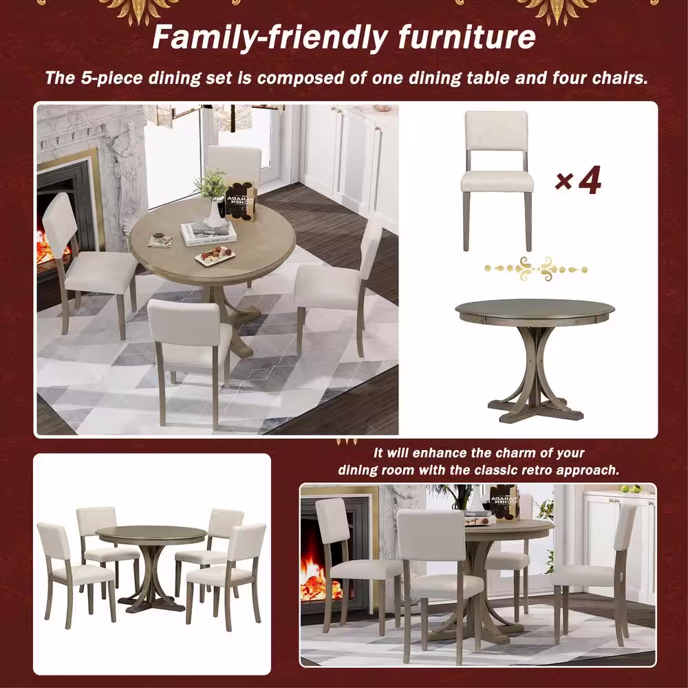Harper & Bright Designs 5-Piece Taupe Retro Round MDF Top Table Set with 4 Upholstered Chairs
