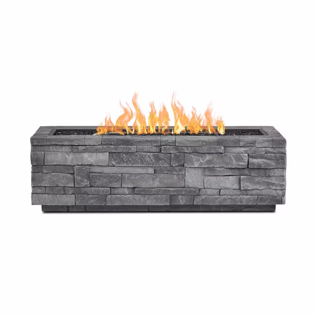 Real Flame Ledgestone 48 in. x 15 in. Rectangle MGO Propane Fire Pit Table in Gray Ledgestone with NG Conversion Kit