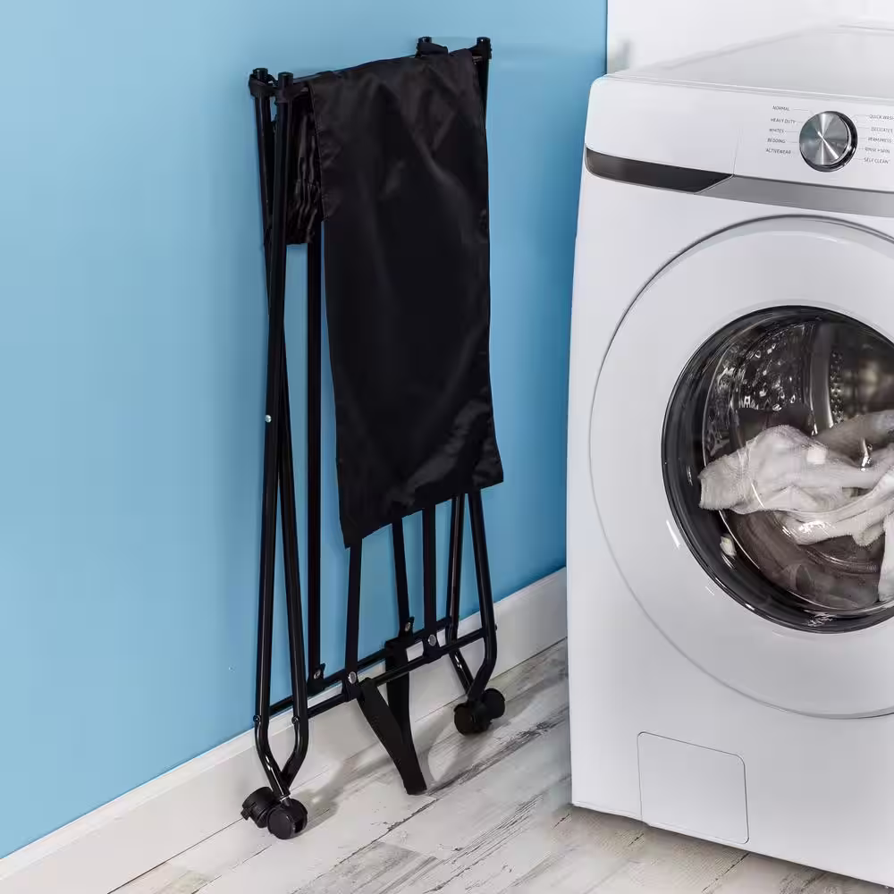 Honey-Can-Do Black Steel and Polycotton Single Bounce Back No Bend Laundry Hamper with Wheels