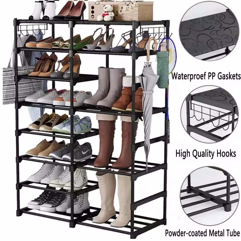 None 47 in. H 30-Pair 8-Tier Black Metal Shoe Rack