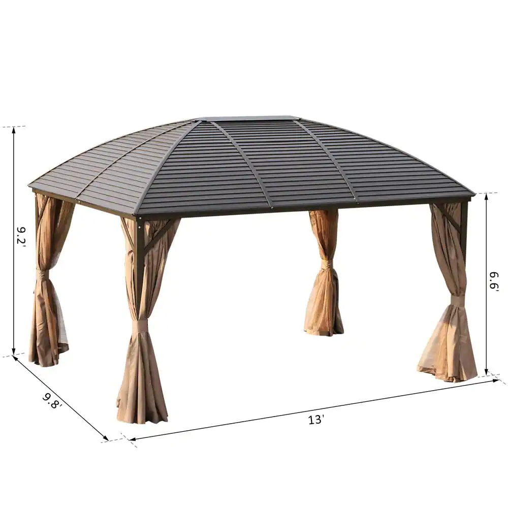 Outsunny 13 ft. x 10 ft. Steel Hardtop Gazebo with Screened Curtains, Black/Brown