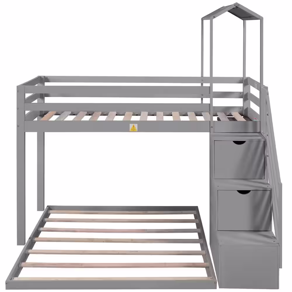 Qualler Gray Twin over Full Roof Bunk Bed with Staircase and Shelves