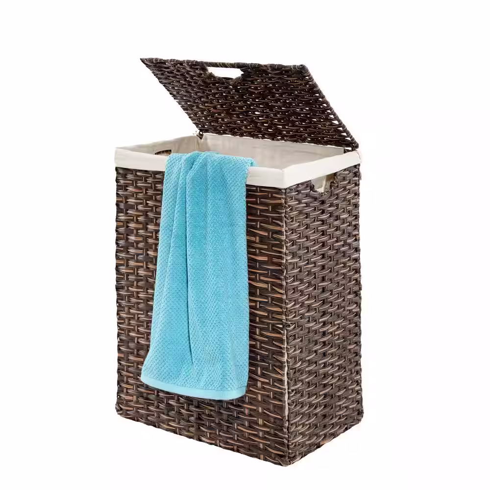 Seville Classics Lidded Rectangular Mocha Brown Collapsible Plastic Wicker Laundry Hamper Basket with Washable Liner