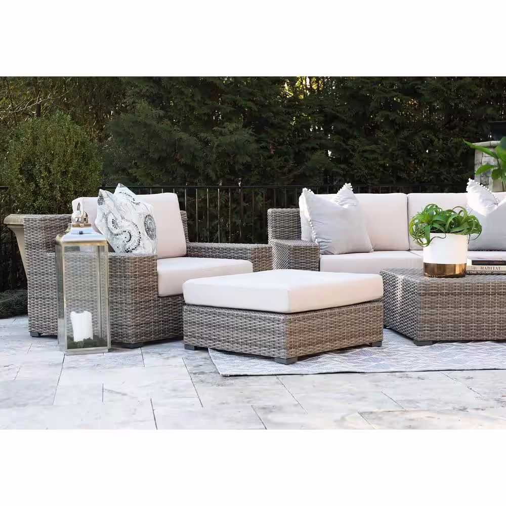 Canopy Oakley 5-Piece Resin Wicker Patio Deep Seating Set with Sunbrella Canvas Flax Cushions
