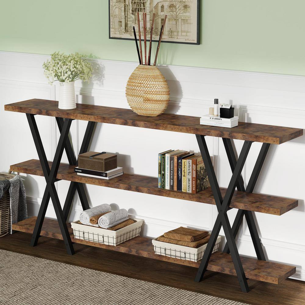 BYBLIGHT Turrella 70.8 in. Rustic Brown Rectangle Wood and Metal Console Table with 4 X Legs and Storage