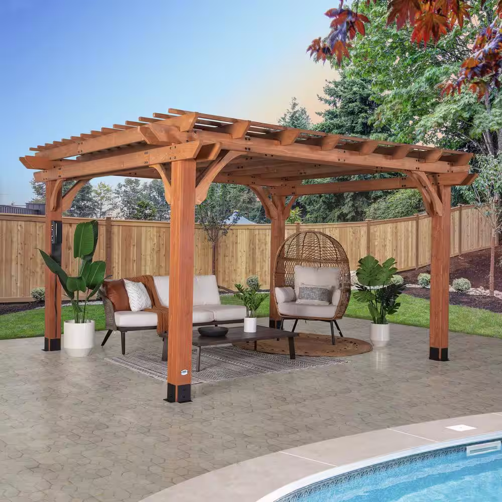 None Beaumont 14 ft. x 12 ft. Light Brown All Cedar Wooden Pergola