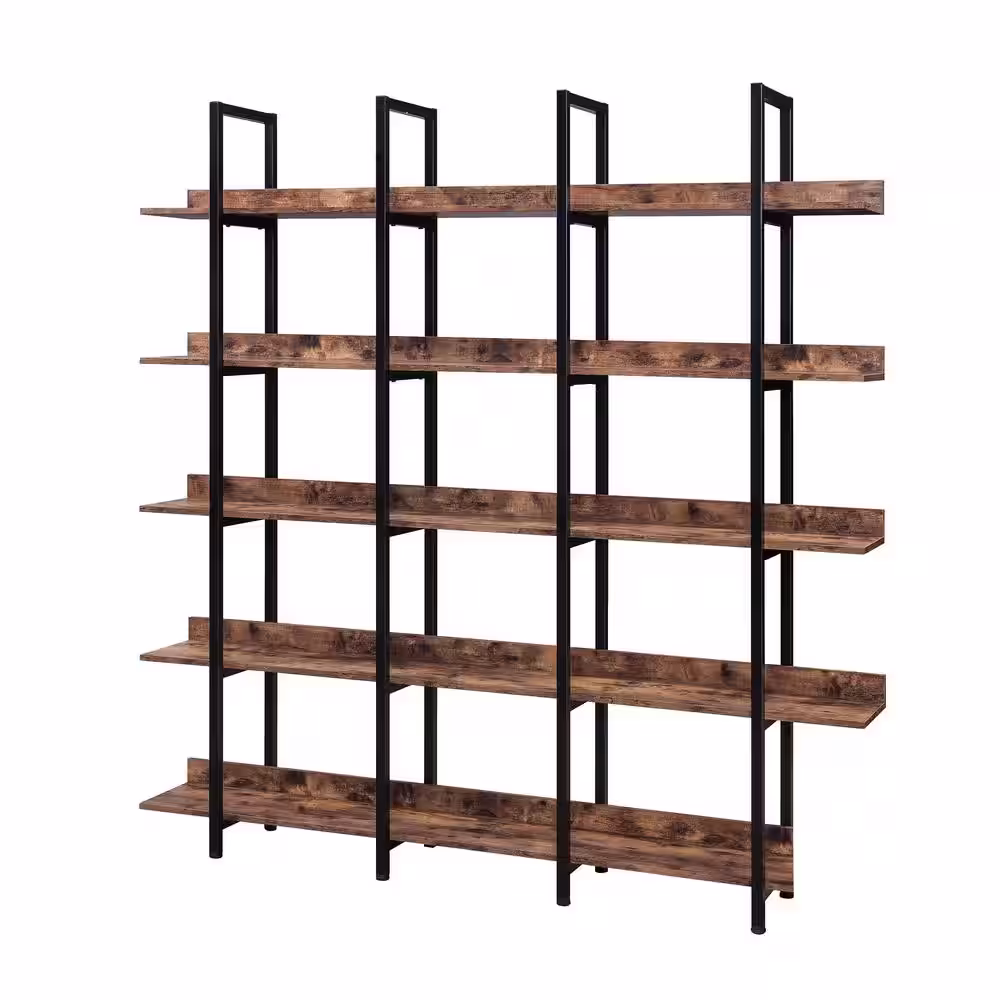 Siavonce 11.81 in. W x 70.87 in. H x 70.87 in. D Brown 5 Tier Metal Frame Bookcase Home Office Open MDF Board Bookshelf