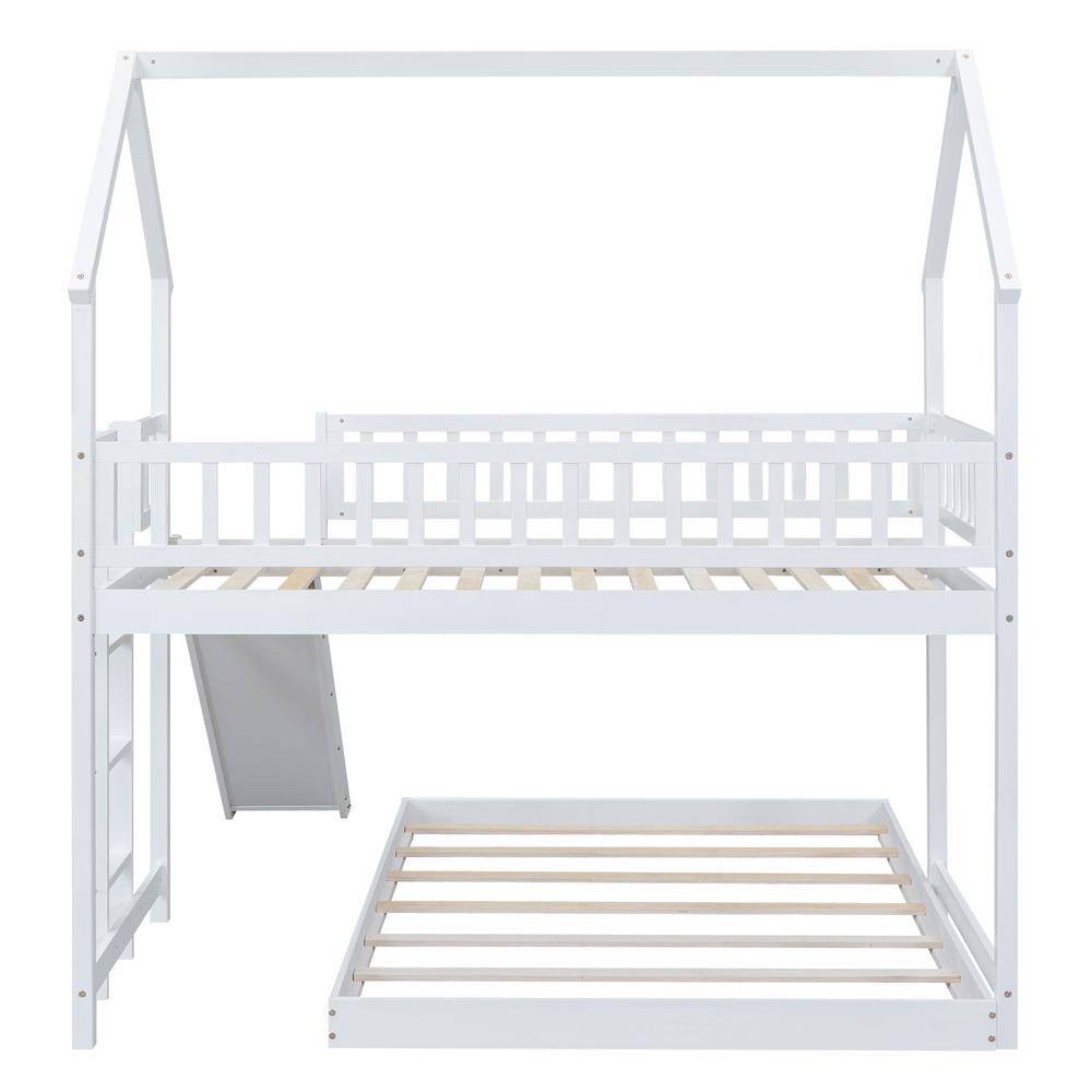Harper & Bright Designs L-Shaped White Twin over Full Wood House Bunk Bed with Built-in Ladder and Slide