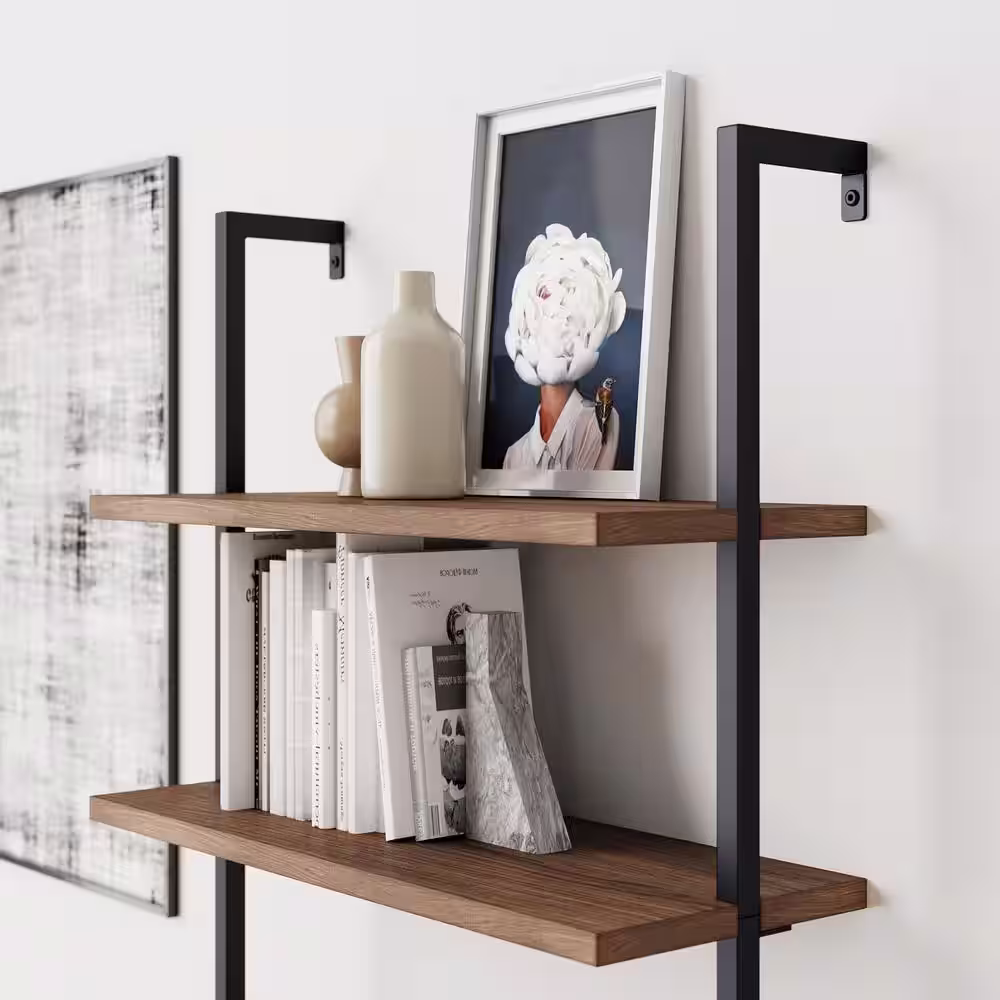 Nathan James Theo 85 in. Matte Black Reclaimed Oak Wood 6-Shelf Wall Mount Ladder Bookcase with Matte Black Metal Frame