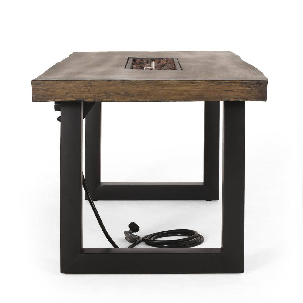 Noble House Wendall Outdoor Black/Dark Grey/Antique Teak Rectangular Stainless Steel Fire Pit Dining Table with Tank Holder
