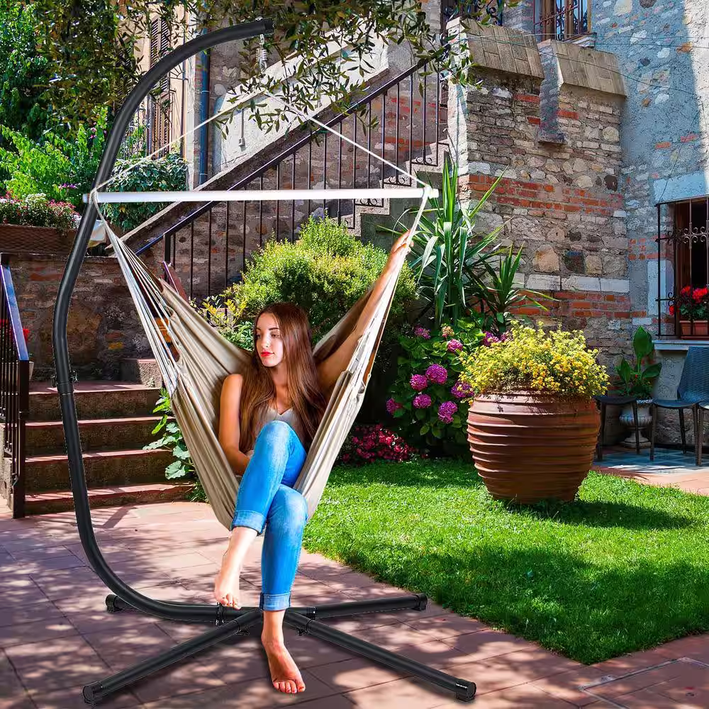 None 6.6 ft. Stainless Steel Hanging Chair Hammock Stand in Black