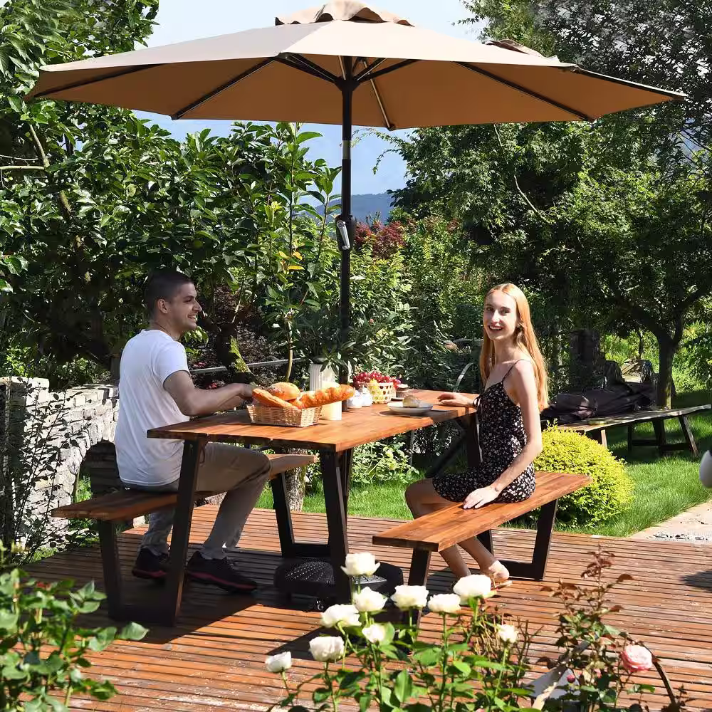 Costway Natural Wood Outdoor Picnic Table Bench Set Outdoor Dining Table Set with 2 in. Umbrella Hole and Metal Frame Patented