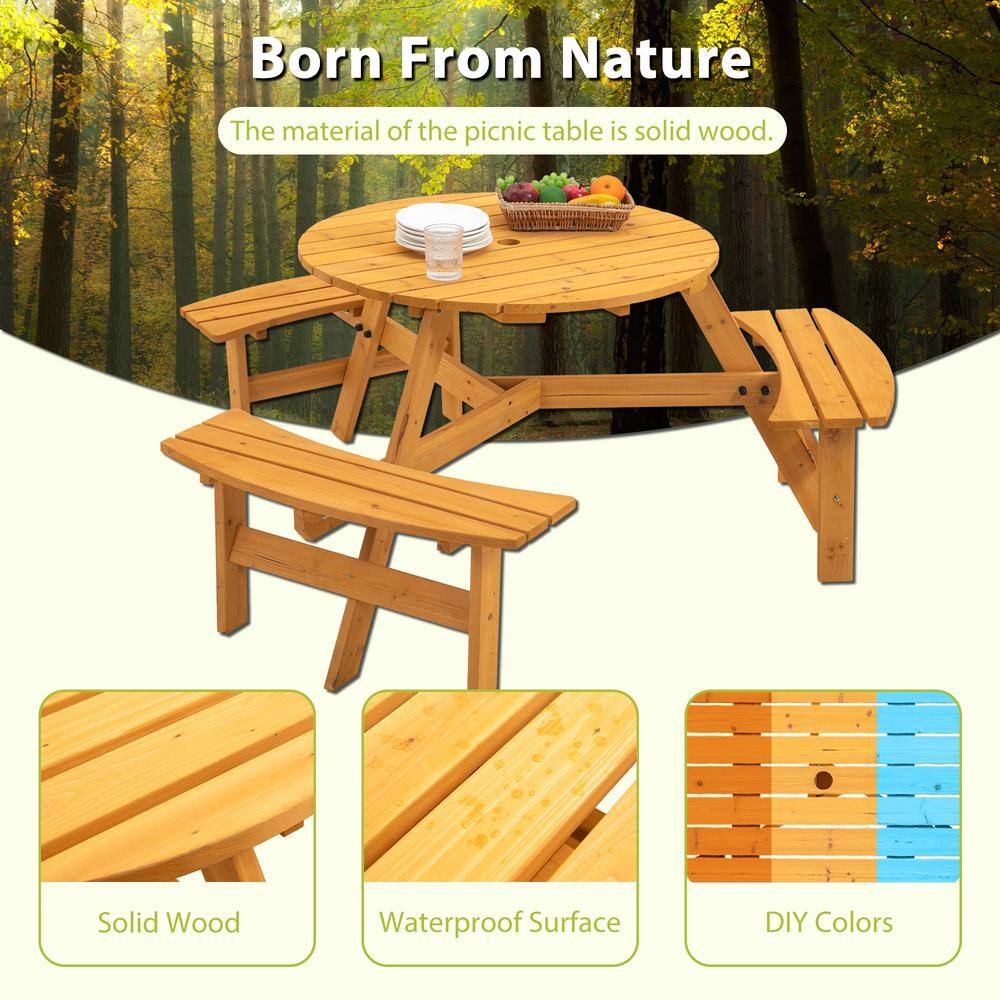 None 6-Person Patio Solid Wood Picnic Table Set with 2 Inch Umbrella Hole