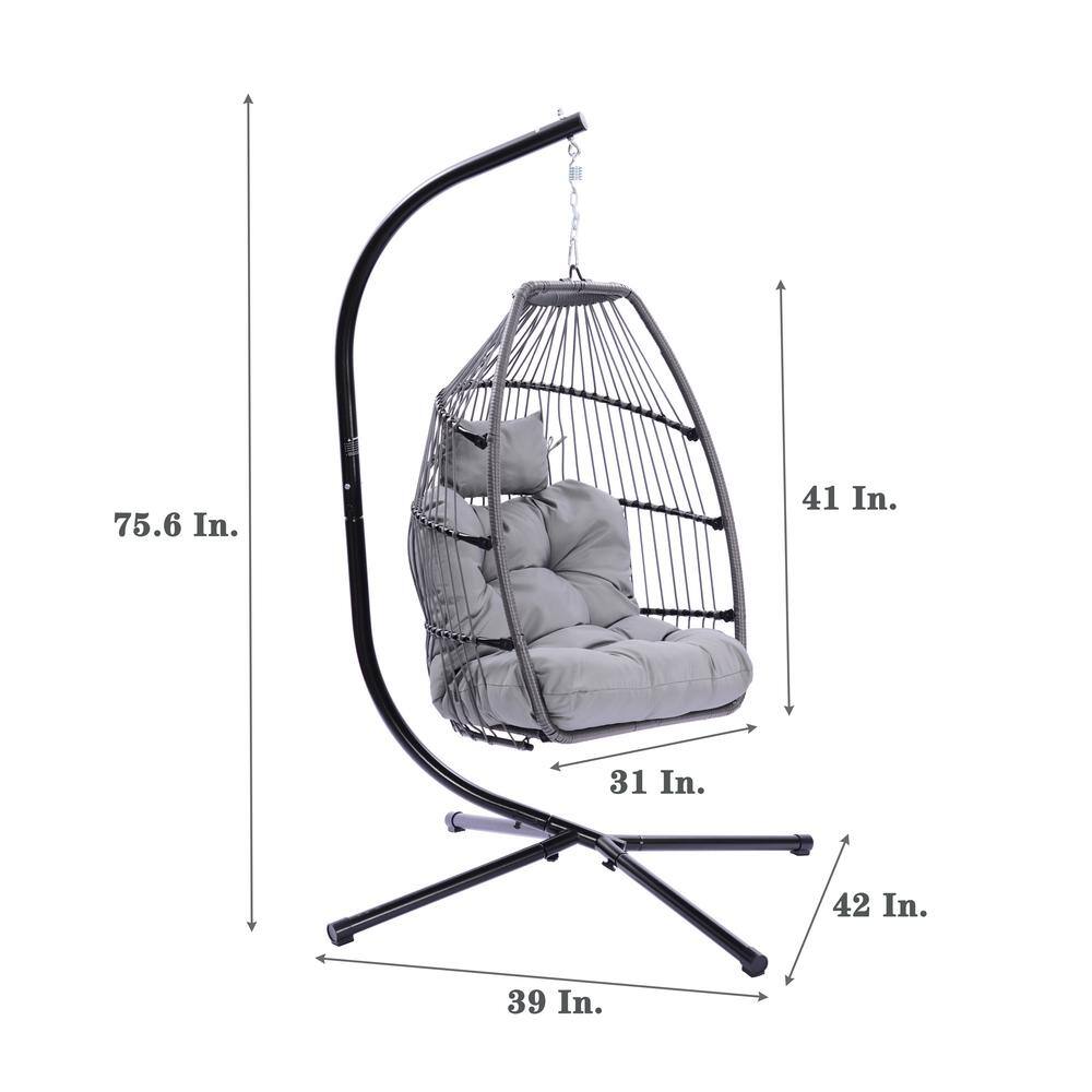 None 6.3 ft. Patio Wicker Rattan Swing Hammock Egg Chair With Cushion and Pillow in Gray