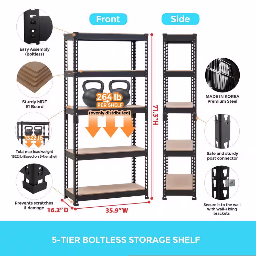 None Black 5-Tier Metal Garage Storage Shelving Unit (40 in. W x 71 in. H x 16 in. D)