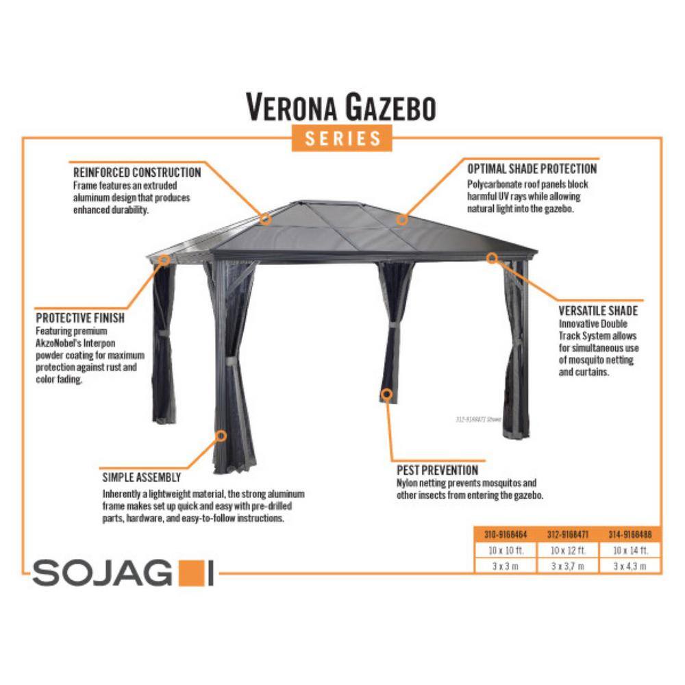 Sojag Verona 10 ft. x 14 ft. Charcoal Rustproof Aluminum Framed Gazebo