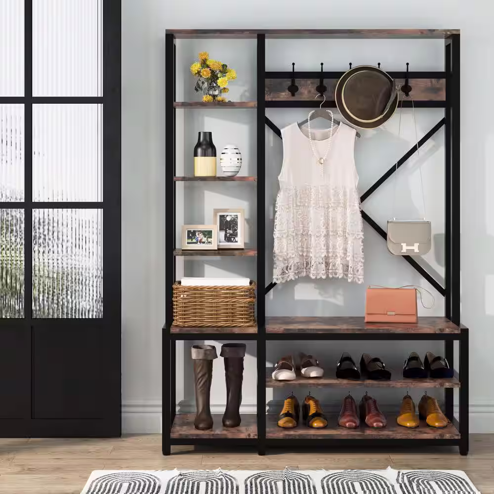 TRIBESIGNS WAY TO ORIGIN Billie Rustic Brown Wood Hall Tree with Side Storage Shelves for Entryway Living Room Bedroom