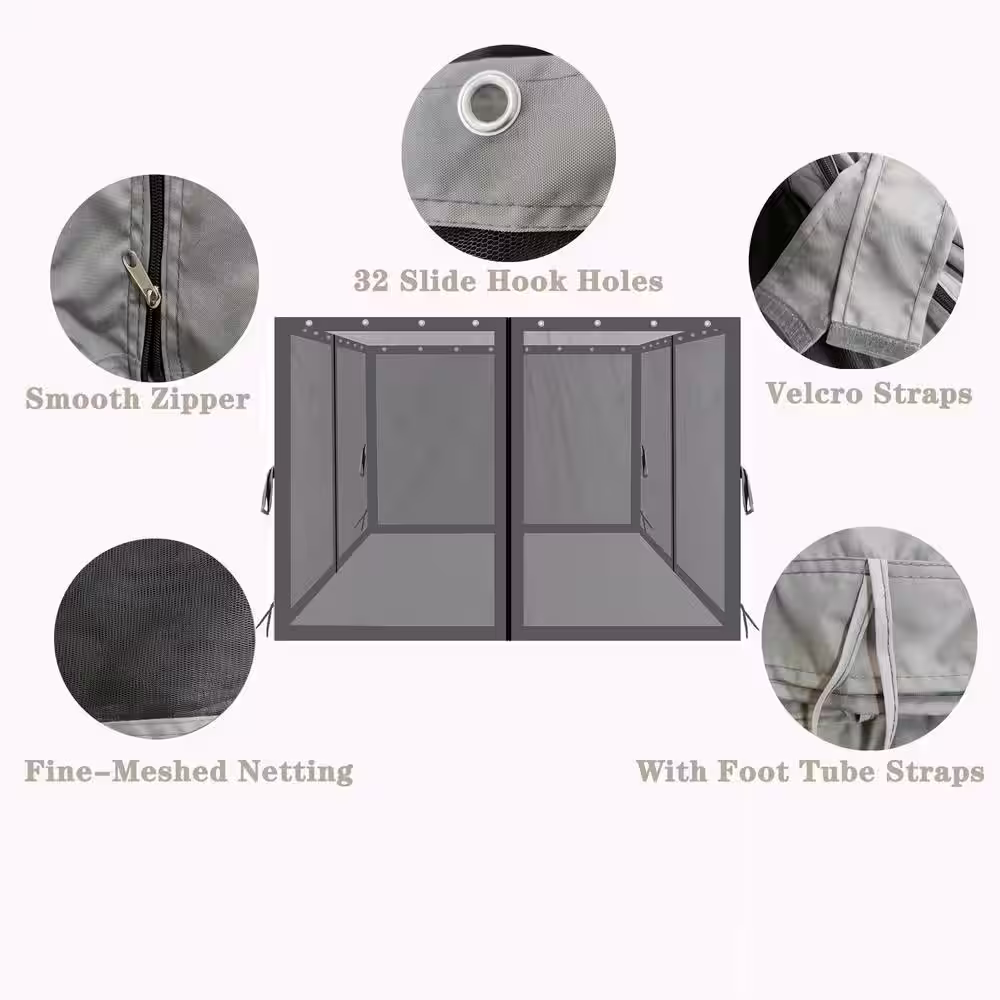 None 10 ft. x 10 ft. Black Gazebo Replacement Mosquito Netting with Zippers, 4-Side Mesh Walls