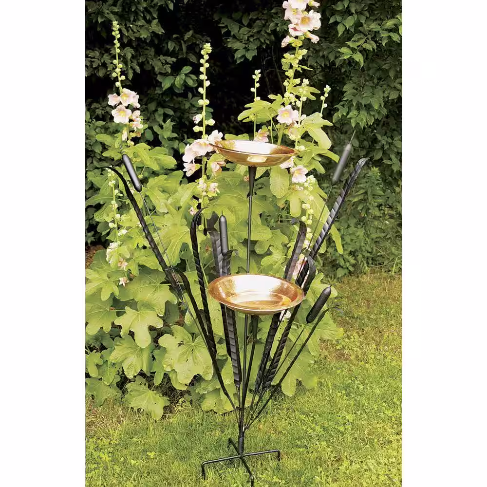 ACHLA DESIGNS 50 in. Tall Copper Double Cattail Birdbath with 2 Bowls and Stake