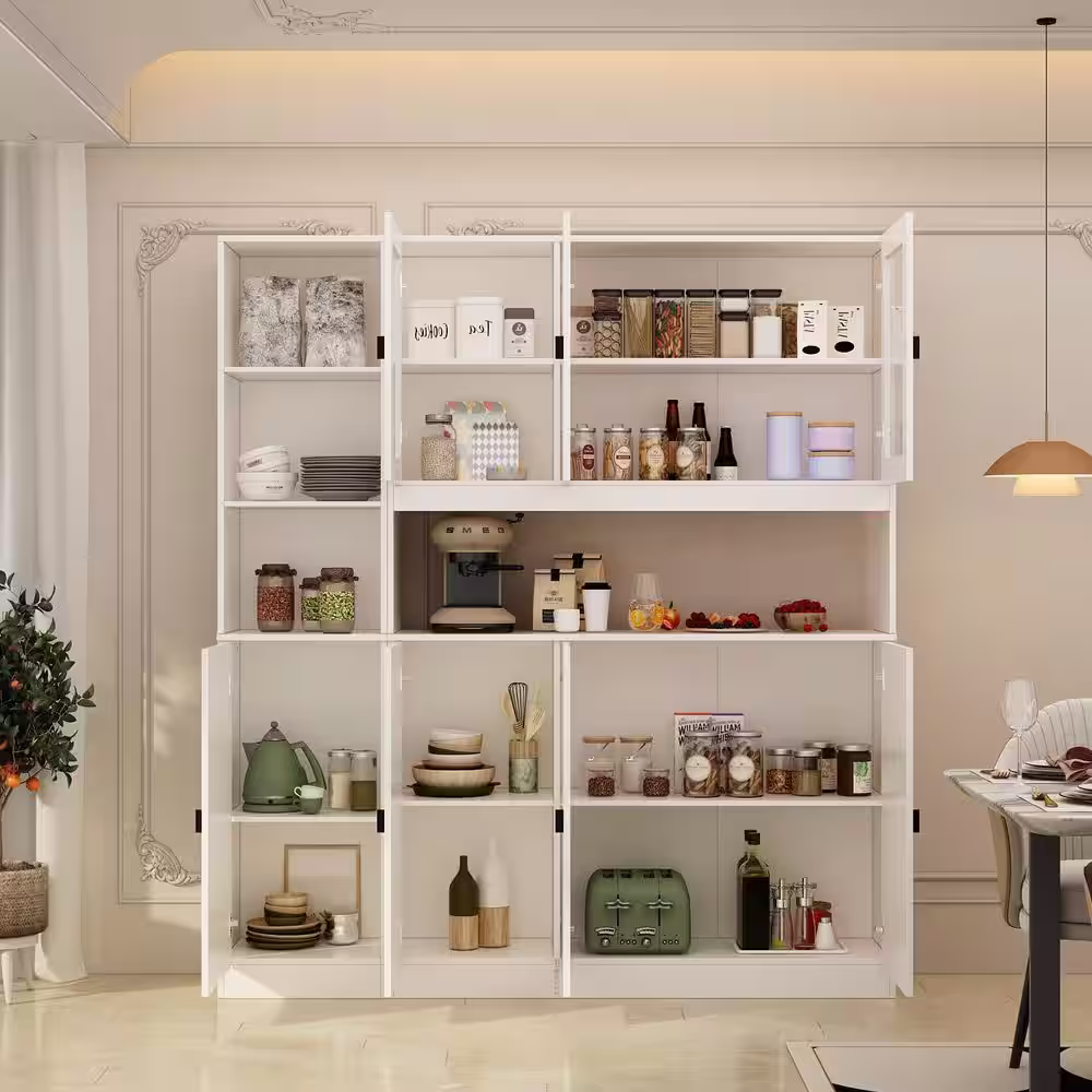 None 2-in-1 White Wood Buffet and Hutch Combination Cabinet with Doors Shelves (63.1 in. W x 12.2 in. D x 70.9 in. H)