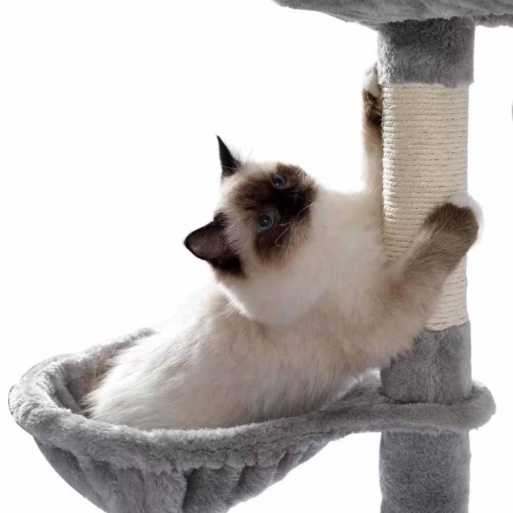 Foobrues 56.30 in. H Pet Cat Scratching Posts and Trees with Super Large Perch Double Condo Hammock in Gray