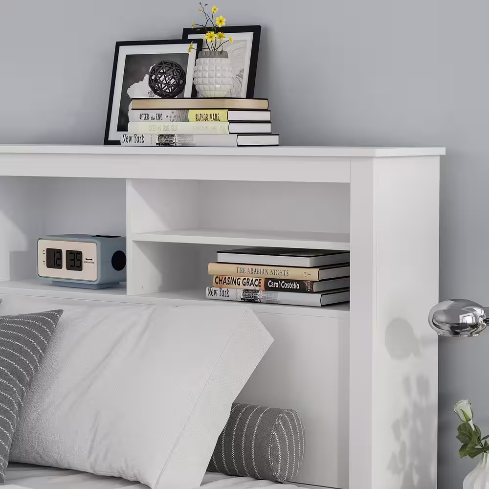 FUFU&GAGA Full Queen White Wood Headboard Shelf With 5-Shelves and LED Lights