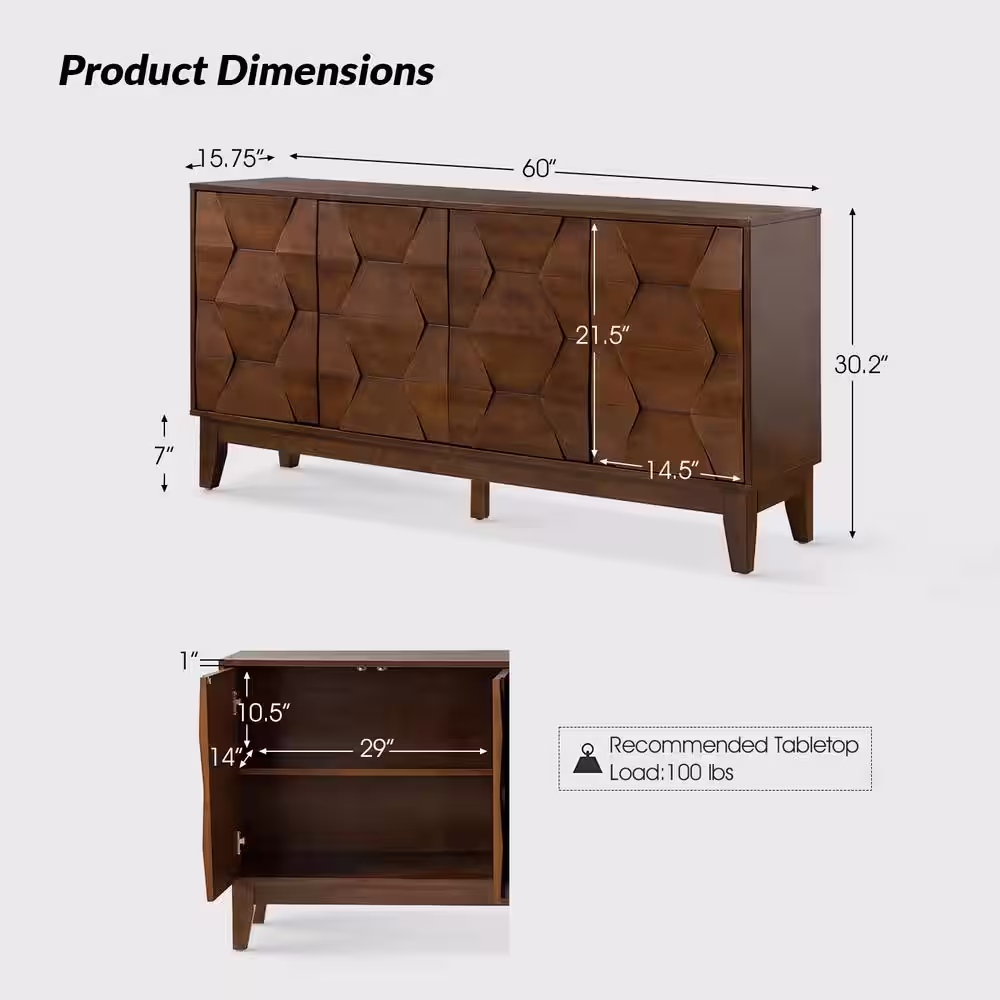 JAYDEN CREATION Kamis Modern Walnut 60 in. Hexagonal Embellishments Sideboard with Solid Wood Legs