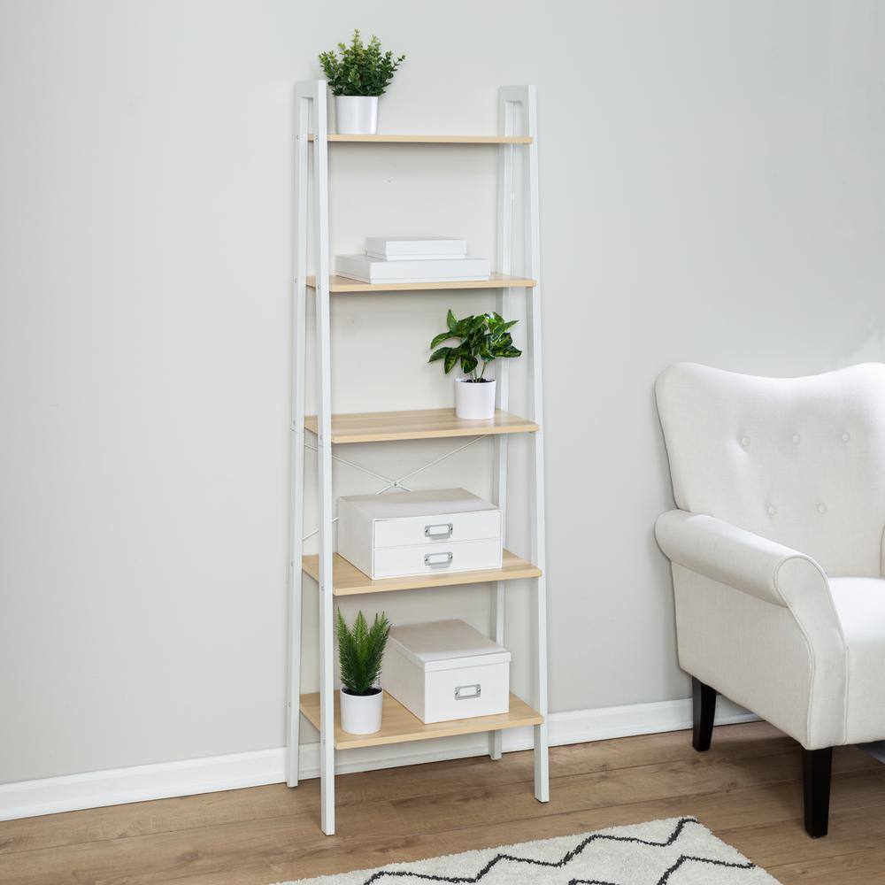 Honey-Can-Do Natural and White 5-Tier Ladder Steel A-Frame Shelving Unit (22 in. W x 67.7 in. H x 13.4 in. D)