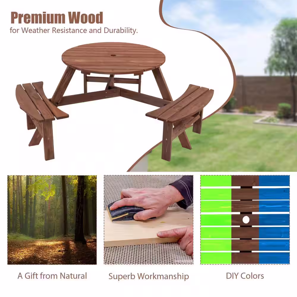 None 6-Person Wooden Picnic Table with 3 Built-in Benches and Umbrella Hole