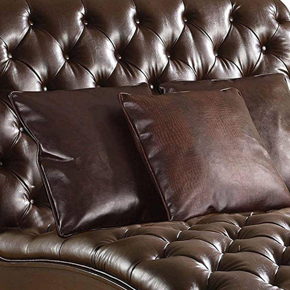 Benjara Brown Leather Upholstered Chaise with 3-Pillows
