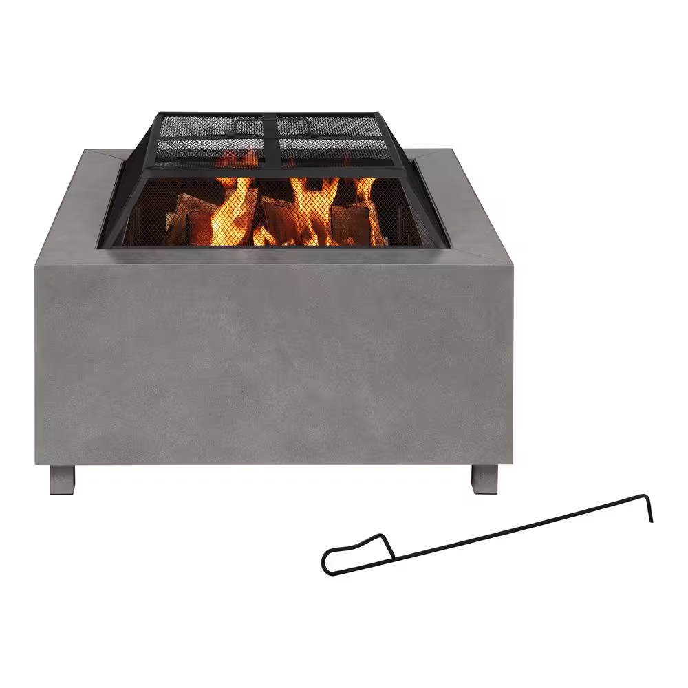 Hampton Bay Nickleby 33 in. Cube Steel Gray Low Smoke Wood Burning Fire Pit with Stainless Steel Bowl and Concrete Tile Top