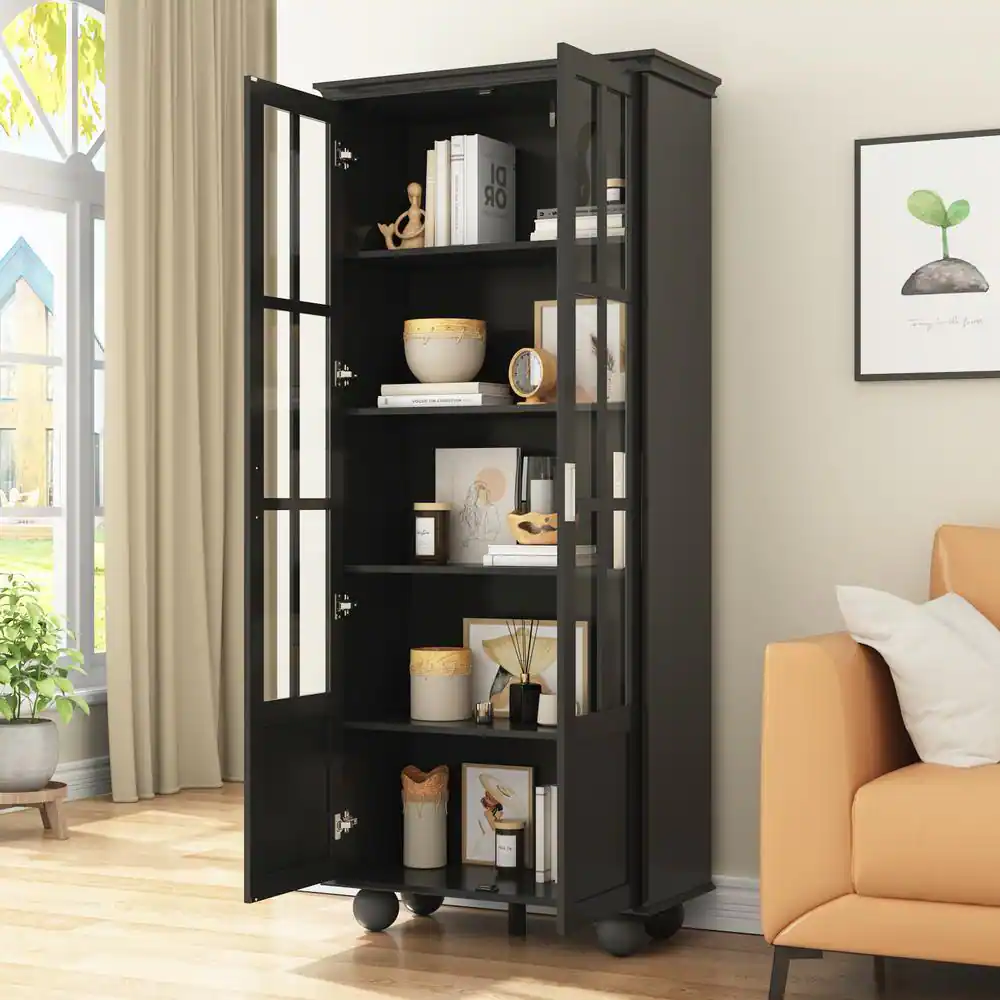 None 72.3 in. Black Wood 5-Shelf Standard Bookcase with Ball-Shape Legs