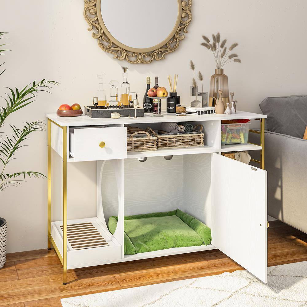 None 6 in 1 White Cat Hidden Litter Box with Drawer and Shelves, Wood Cat Litter Box Enclosure Furniture with Litter Catcher