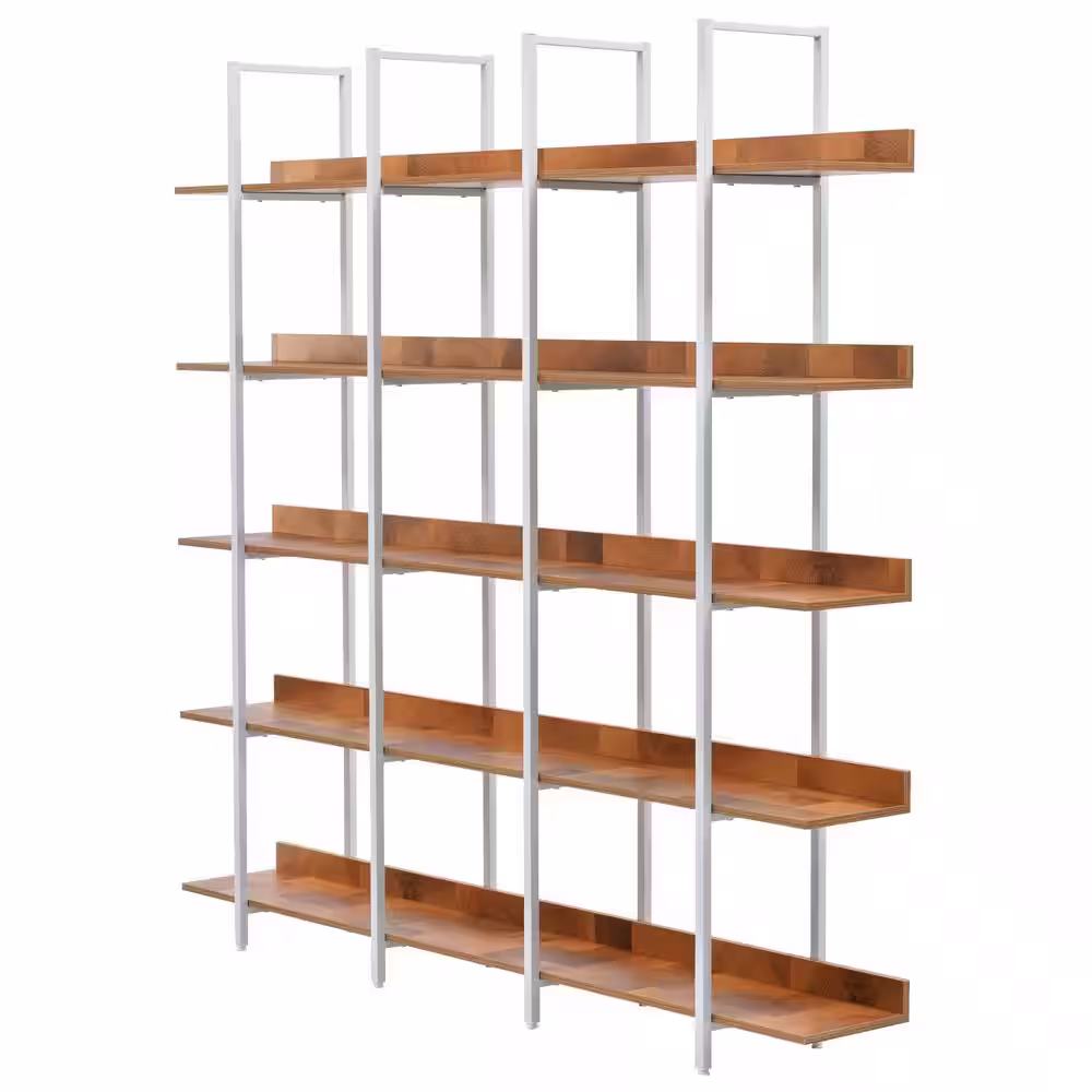Siavonce 11.81 in. W x 70.90 in. H x 70.90 in. D Brown+White 5 Tier Metal Frame Bookcase Home Office Open MDF Board Bookshelf
