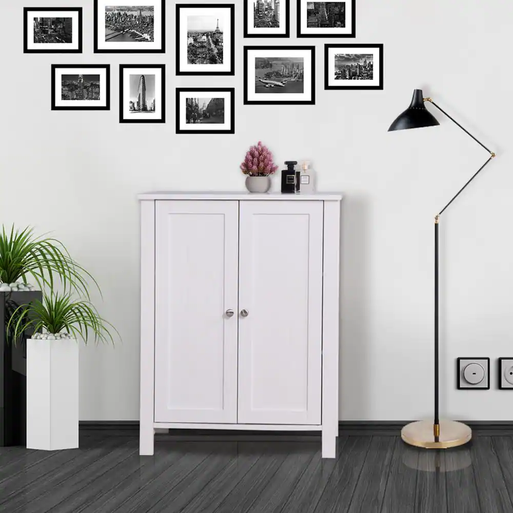 URTR White Wood Accent Storage Cabinet with 2 Doors and Adjustable Shelves Floor Cabinet Side Board for Bathroom, Living Room