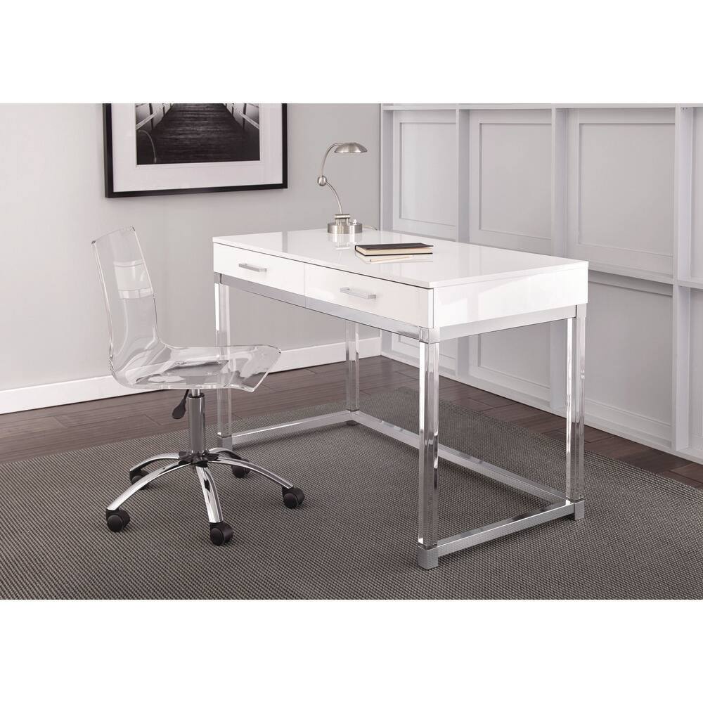 Steve Silver Everett 47 in. Rectangular White 2-Drawer Computer Desk with Chrome and Acrylic Accents