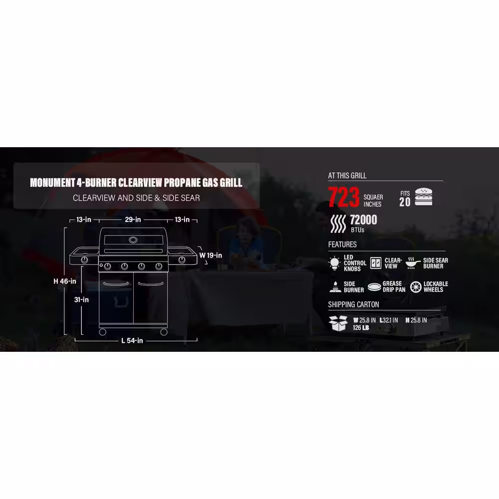 Monument Grills 4-Burner Propane Gas Grill in Stainless with Clear View Lid, LED Controls, Side and Sear Burners