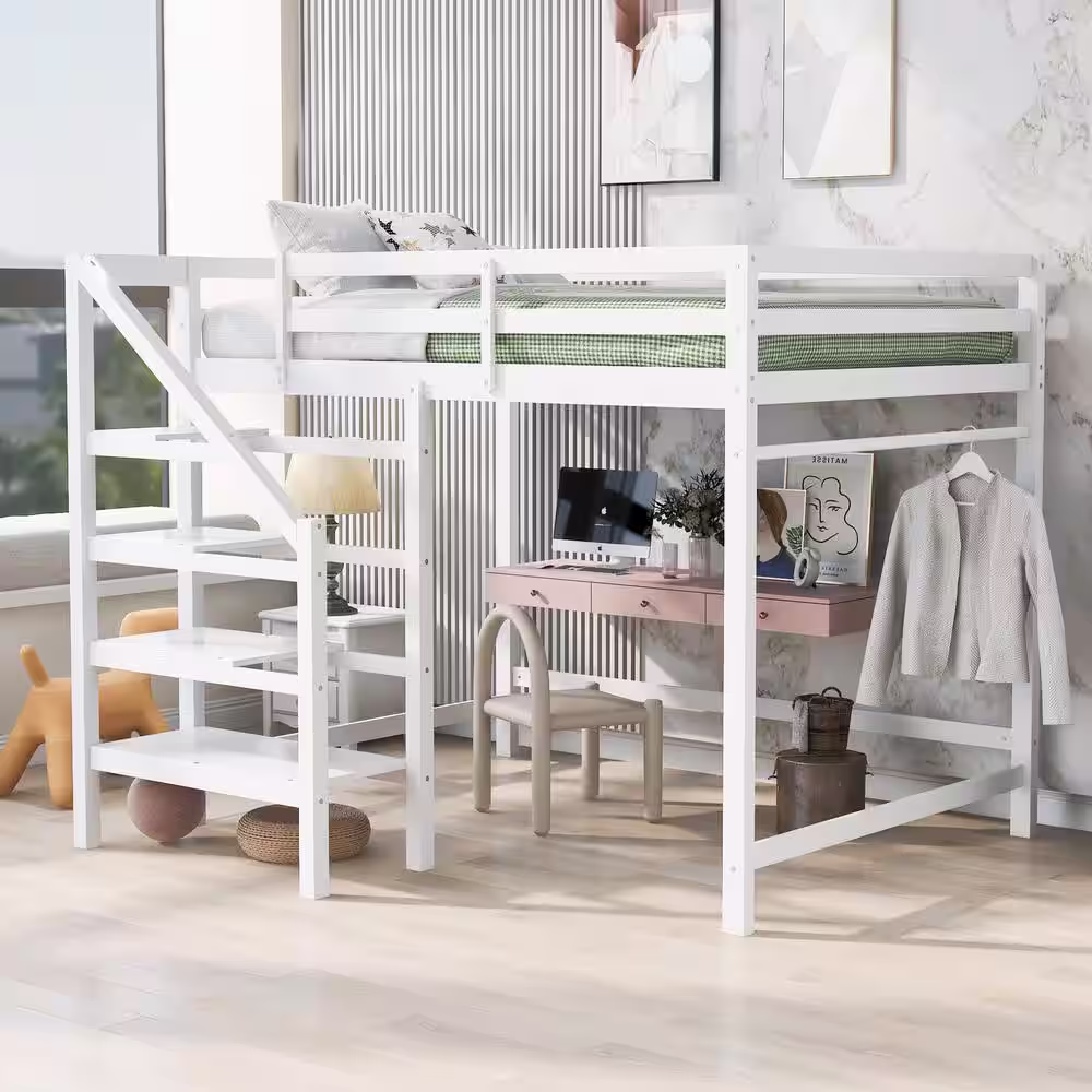 None White Full Size Loft Bed with Built-in Storage Staircase and Hanger for Clothes