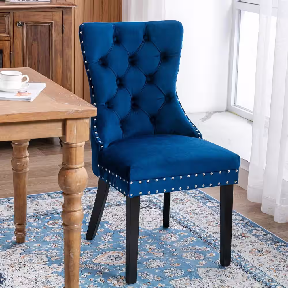 None Dark Blue Velvet Upholstered Dining Chairs Accent Diner Chairs Stylish Kitchen Chairs with Wood Legs (Set of 2)