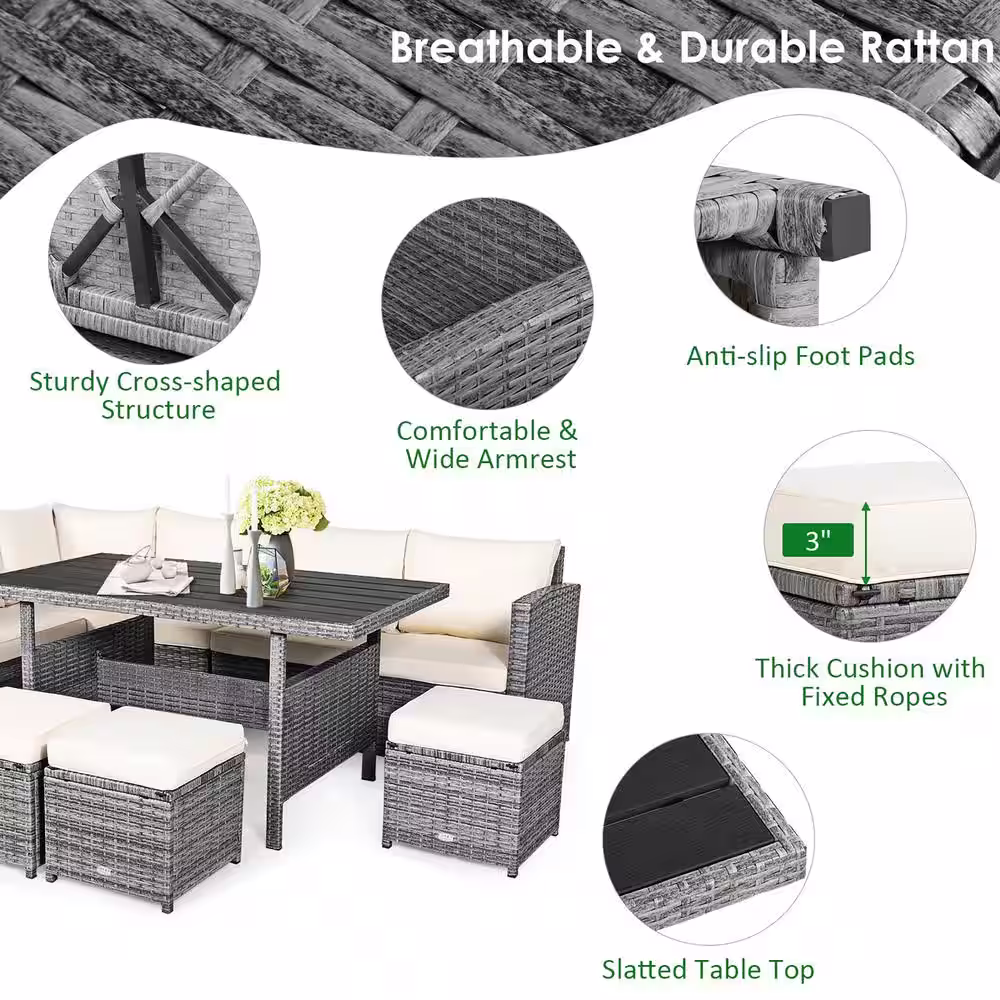 Costway 7-Pieces Wicker Patio Conversation Sectional Seating Set with White Cushions