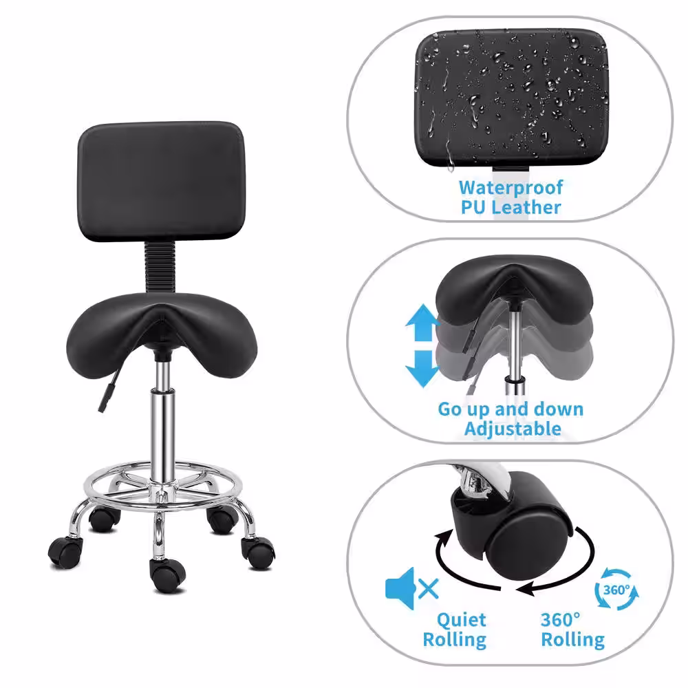 None Black PU Leather Seat Swivel Saddle Stool Adjustable Salon Chair with Backrest