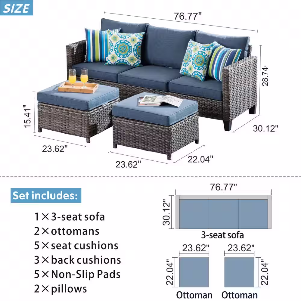 XIZZI Megon Holly Gray 3-Piece Wicker Outdoor Patio Conversation Seating Sofa Set with Denim Blue Cushions