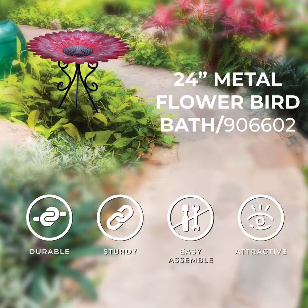 None 24 in. Red Metal Flower Birdbath