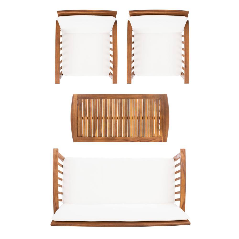 SAFAVIEH Rocklin Teak Brown 4-Piece Wood Patio Conversation Set with Beige Cushions